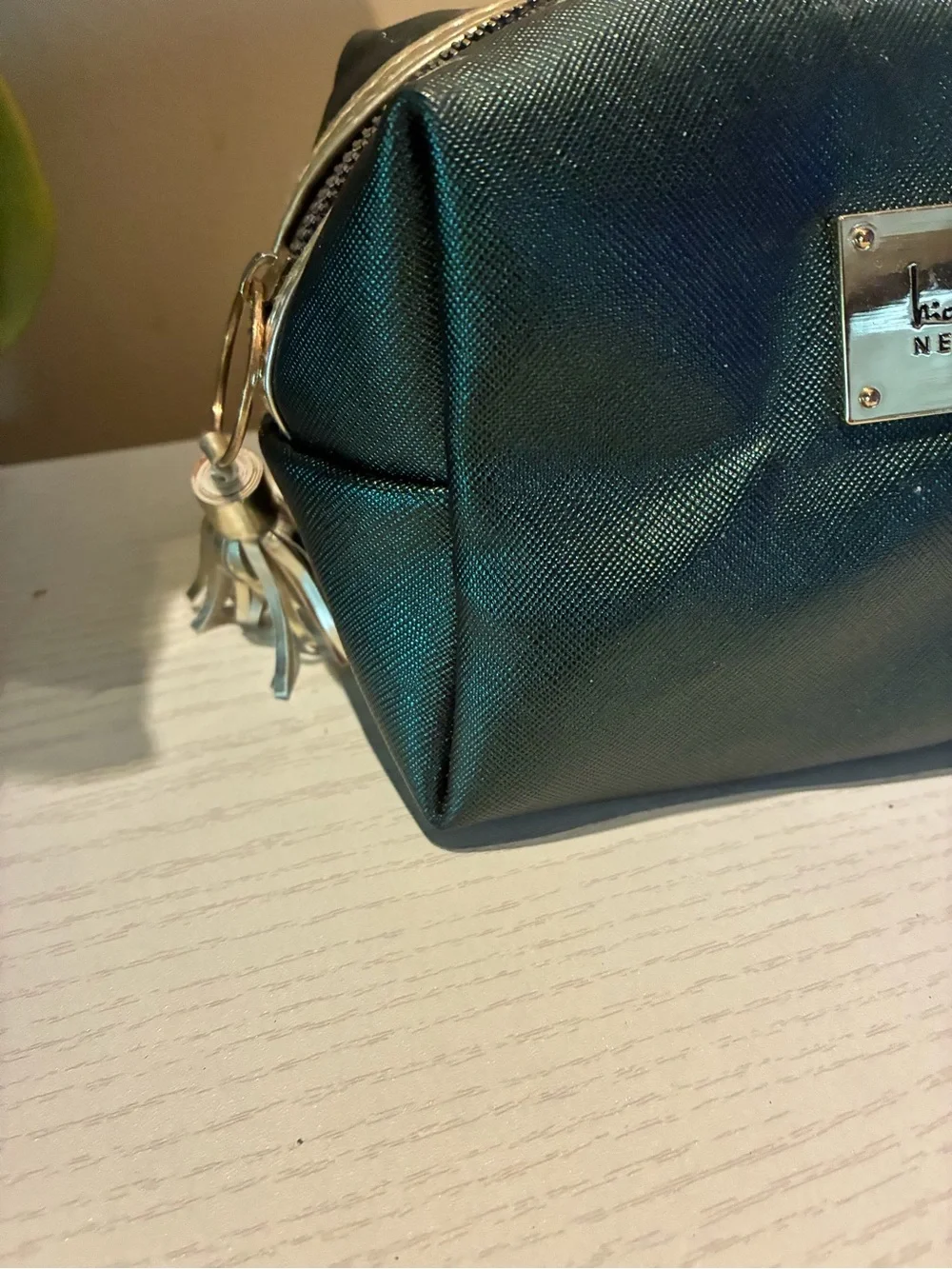 Nicole Miller Dark Teal Cosmetic Bag with Gold Hardware